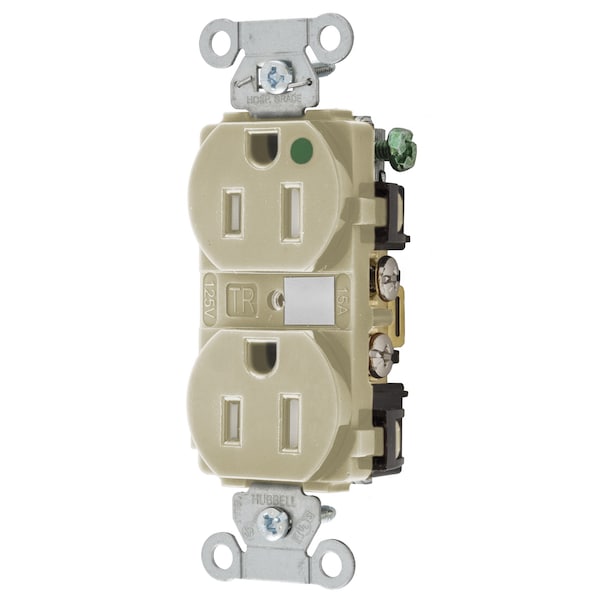Duplex Straight Blade Receptacle, 5-15R, 15 A, 125V AC, 2 Pole, 3 Wire, Flush Mount, Grounded